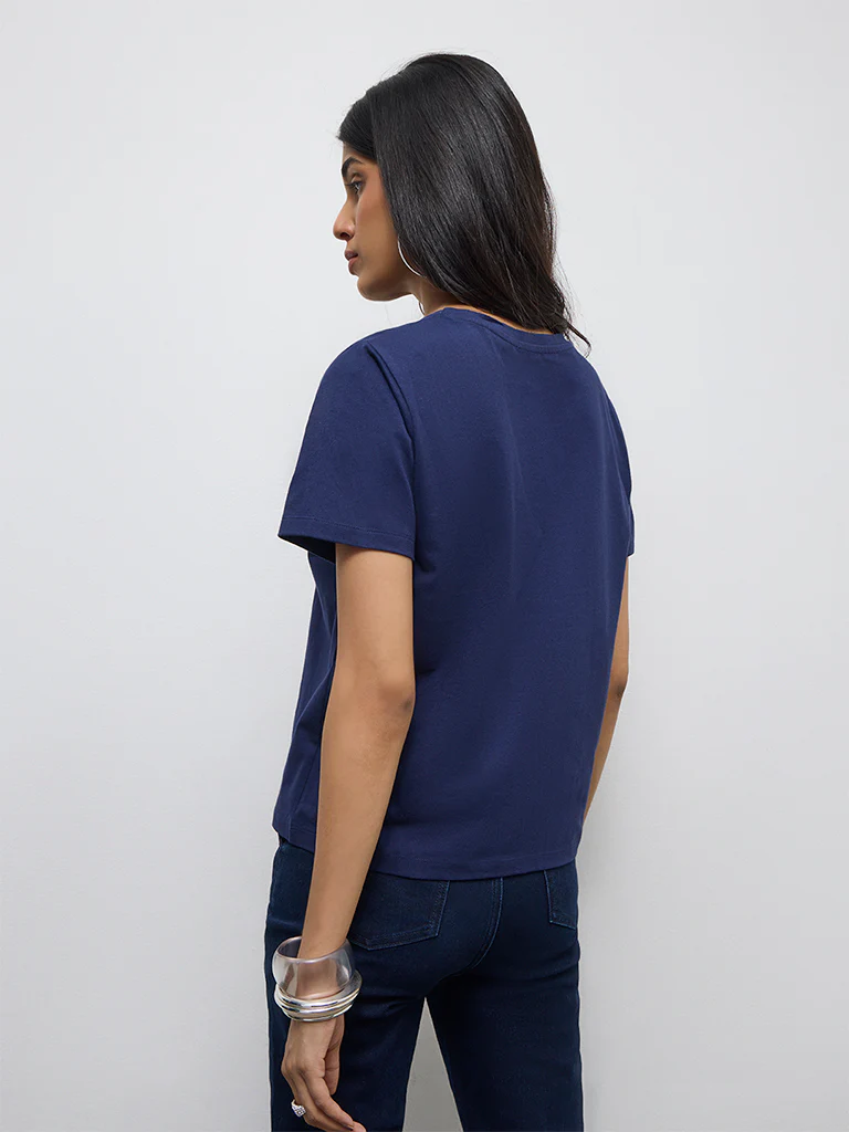 LOV Navy Graphic Design Cotton T-Shirt - Image 4