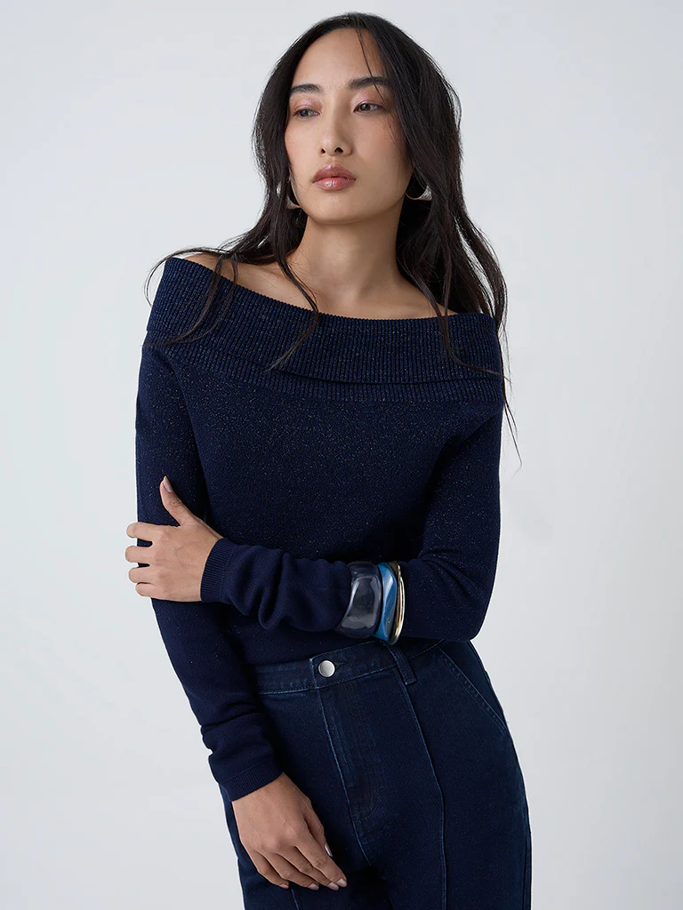 LOV Navy Knit-Textured Off-Shoulder Top