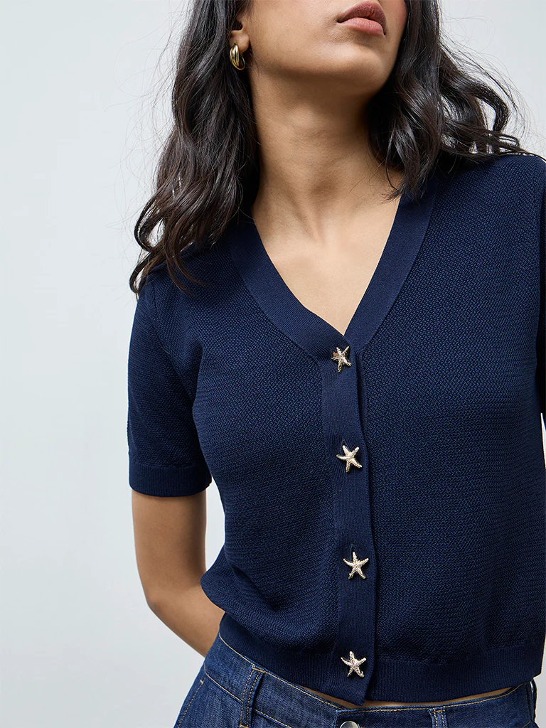 LOV Navy Popcorn Knit-Textured Cardigan - Image 3
