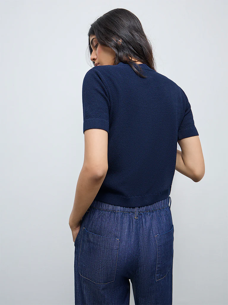 LOV Navy Popcorn Knit-Textured Cardigan - Image 4
