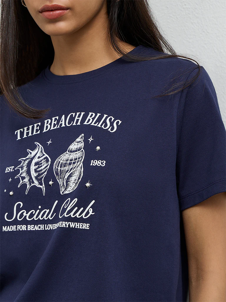 LOV Navy Printed Cotton T-Shirt - Image 3