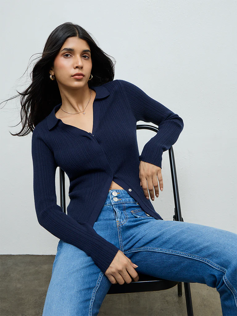 LOV Navy Ribbed-Textured Cardigan