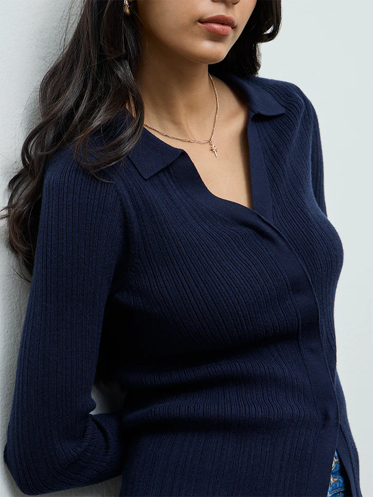 LOV Navy Ribbed-Textured Cardigan - Image 3