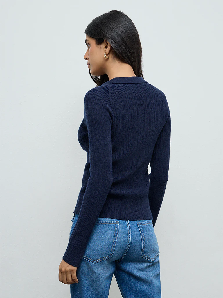 LOV Navy Ribbed-Textured Cardigan - Image 4