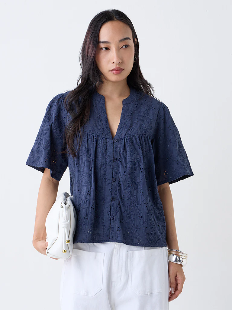 LOV Navy Schiffli Embroidered Cotton-Blend Top - Image 2