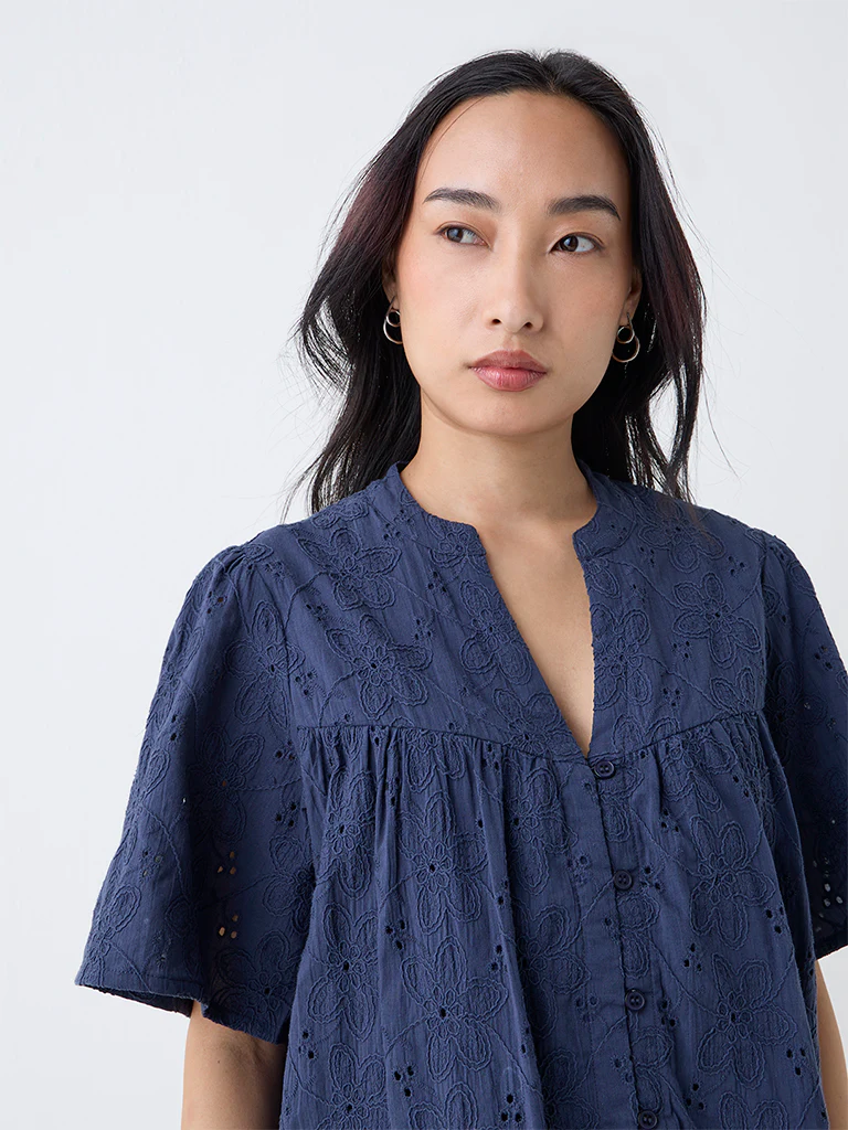 LOV Navy Schiffli Embroidered Cotton-Blend Top - Image 3