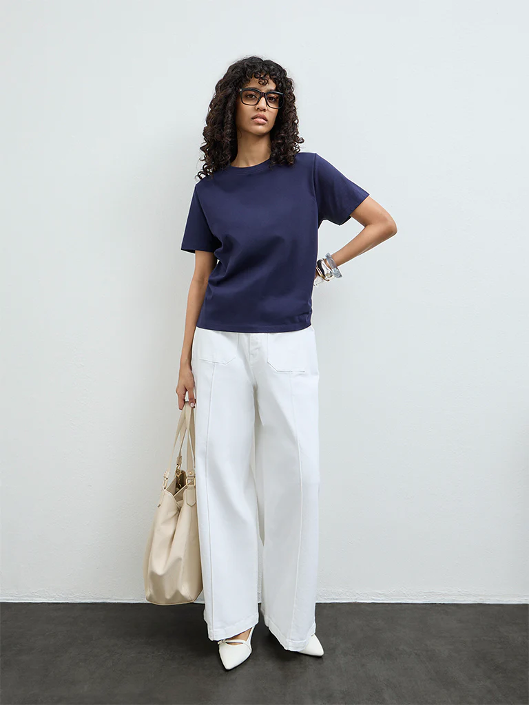 LOV Navy Solid Cotton T-Shirt - Image 2