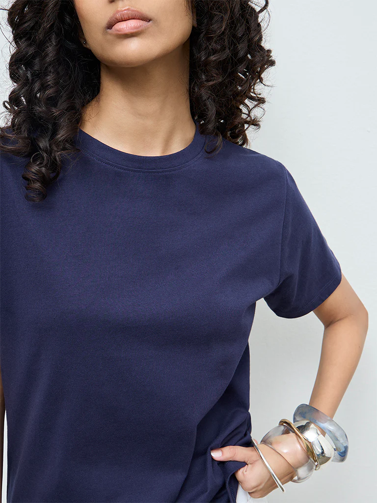 LOV Navy Solid Cotton T-Shirt - Image 3
