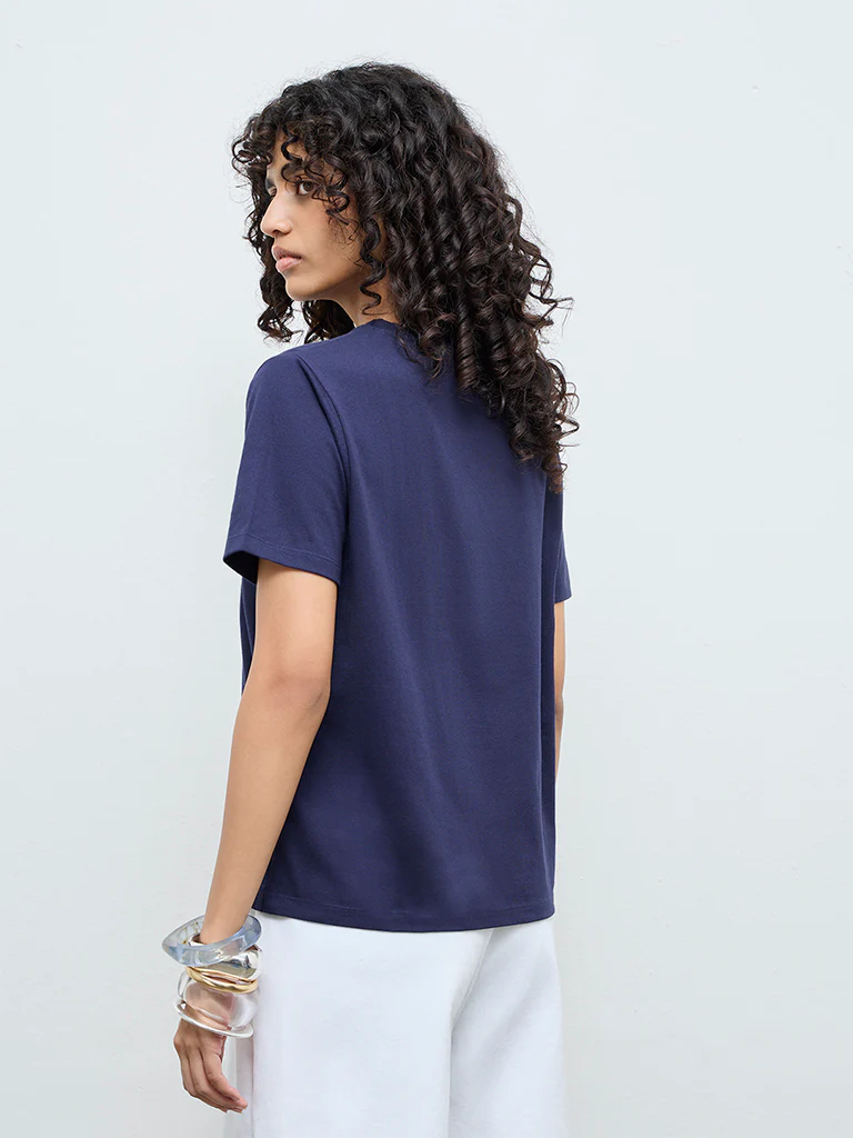 LOV Navy Solid Cotton T-Shirt - Image 4
