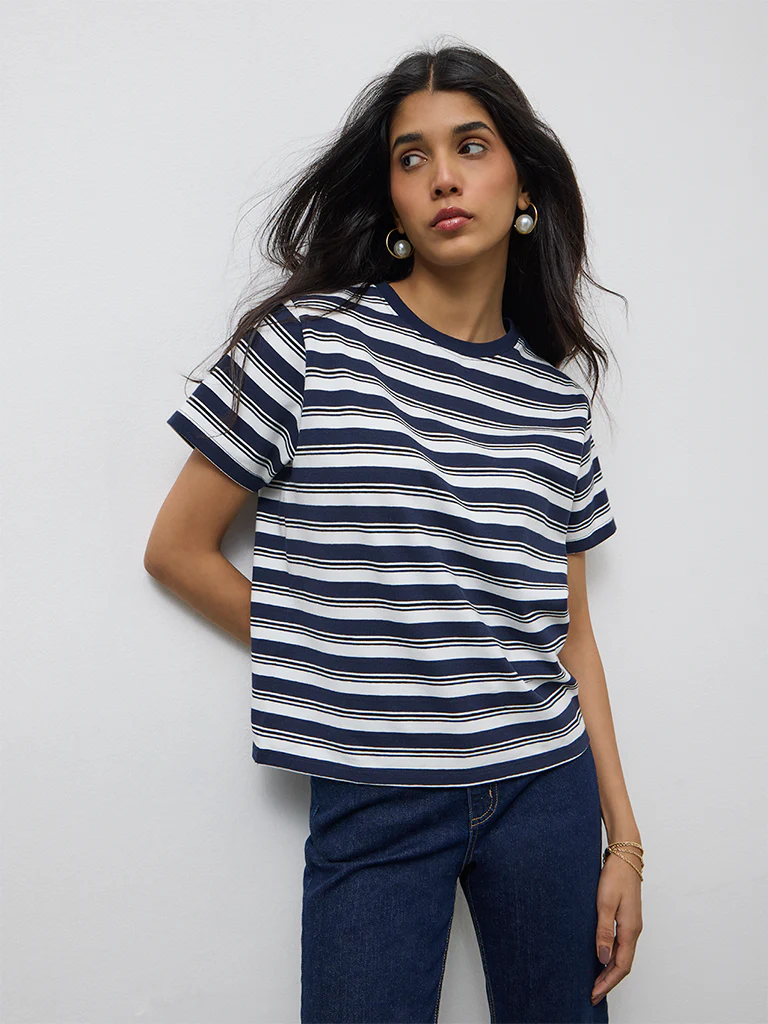 LOV Navy Striped Cotton-Blend T-Shirt - Image 2