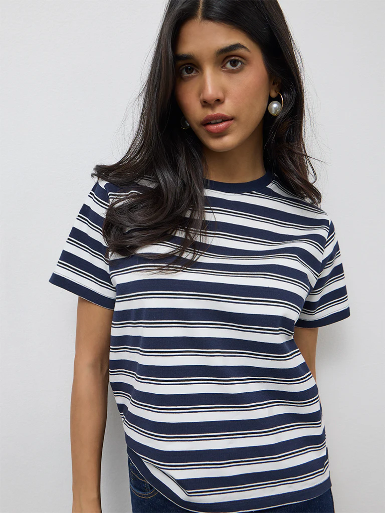 LOV Navy Striped Cotton-Blend T-Shirt - Image 3