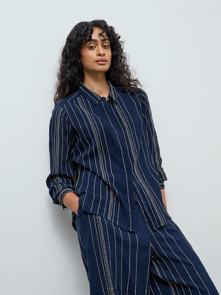 LOV Navy Striped Embroidered Cotton Shirt