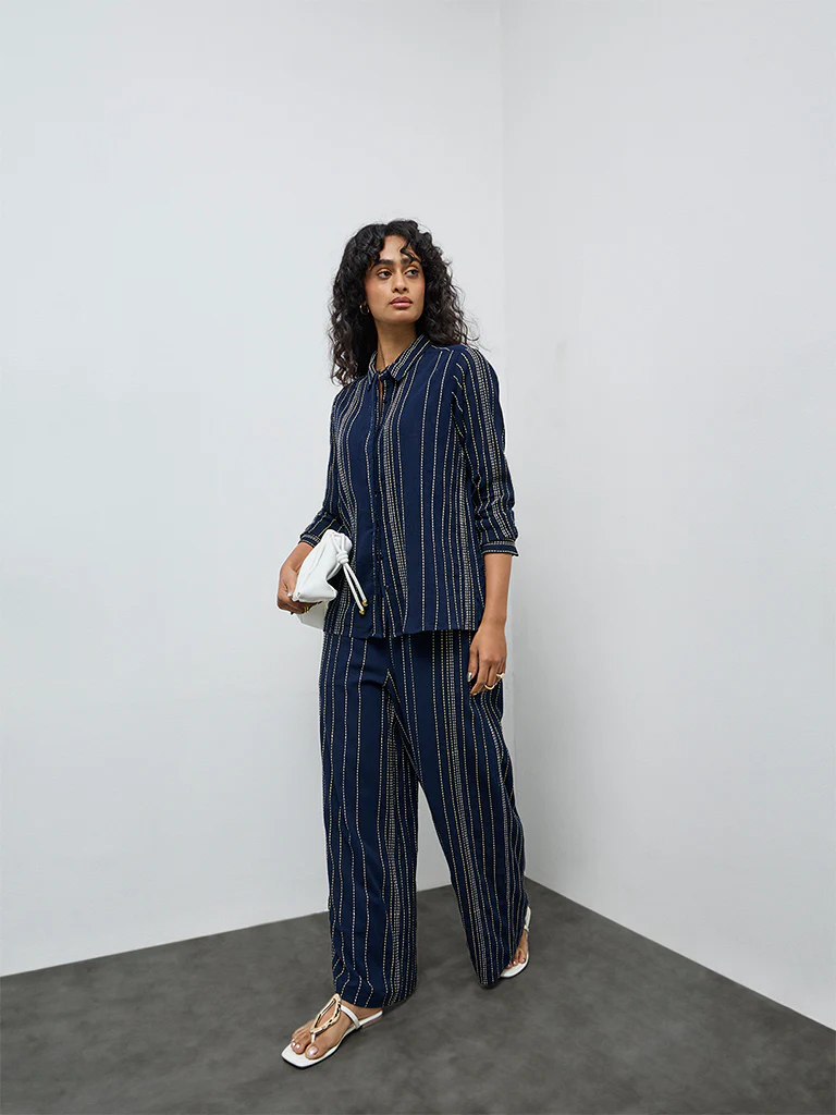 LOV Navy Striped Embroidered Cotton Shirt - Image 2
