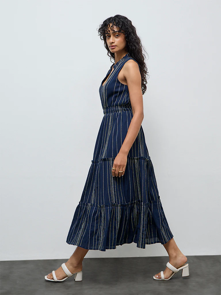 LOV Navy Striped Embroidered Cotton Tiered Dress - Image 2