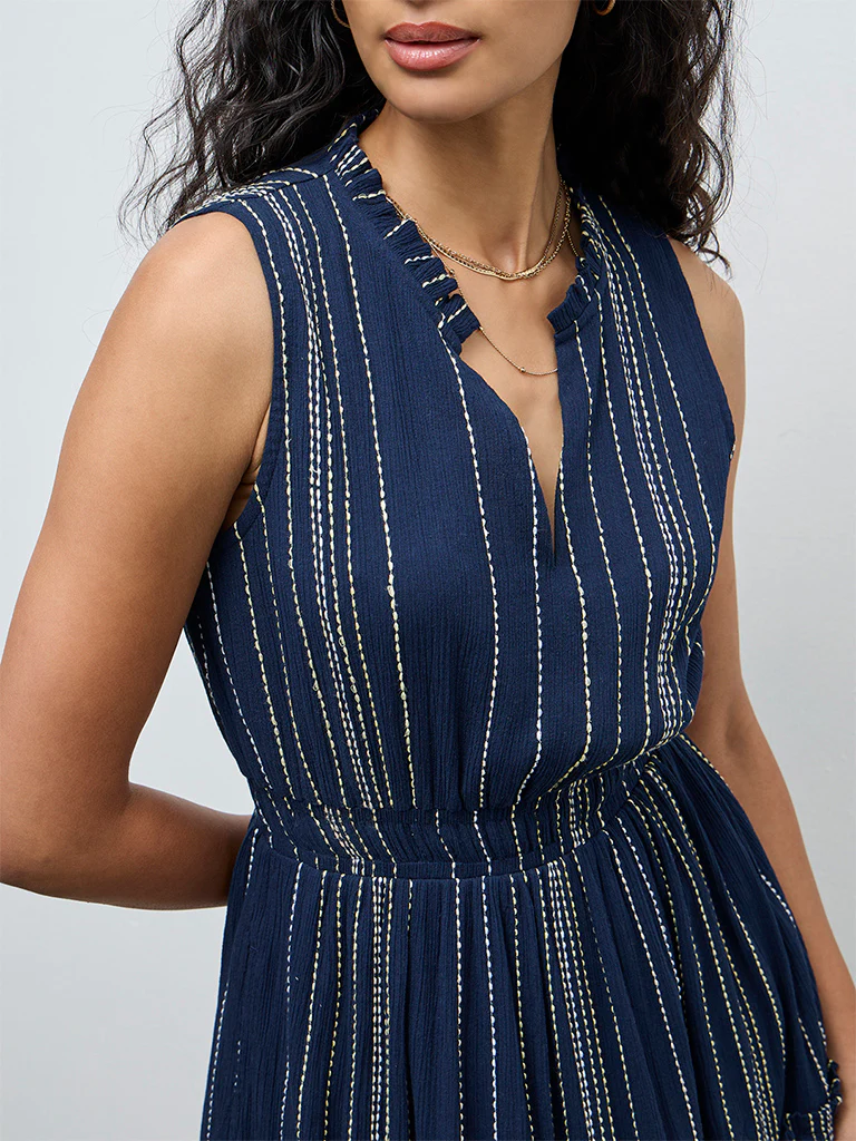 LOV Navy Striped Embroidered Cotton Tiered Dress - Image 3