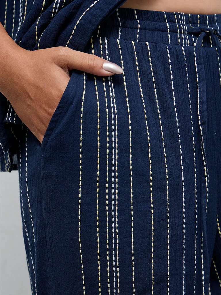 LOV Navy Striped Embroidered High-Rise Cotton Pants - Image 3
