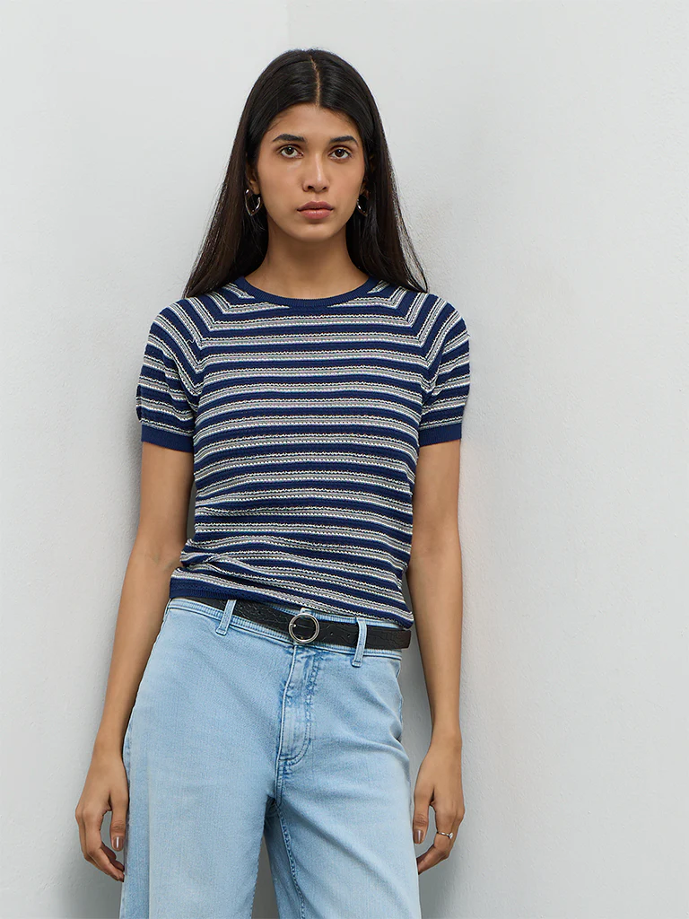 LOV Navy Striped Knit-Textured T-Shirt