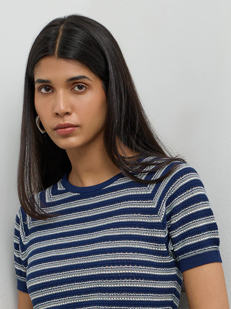 LOV Navy Striped Knit-Textured T-Shirt - Image 3