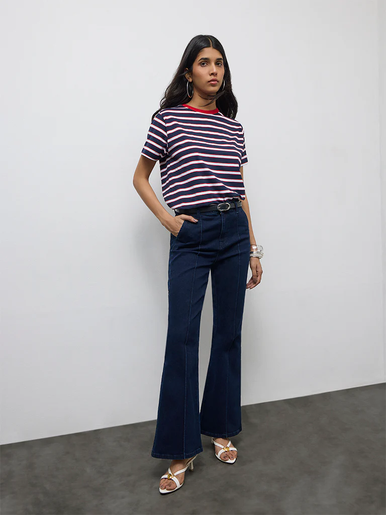 LOV Navy Striped Printed Cotton-Blend T-Shirt - Image 2