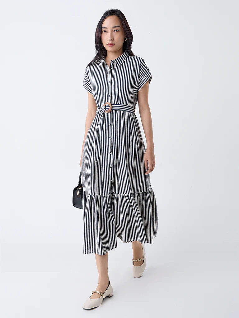 LOV Navy Striped Shirt Dress with Belt - Image 2