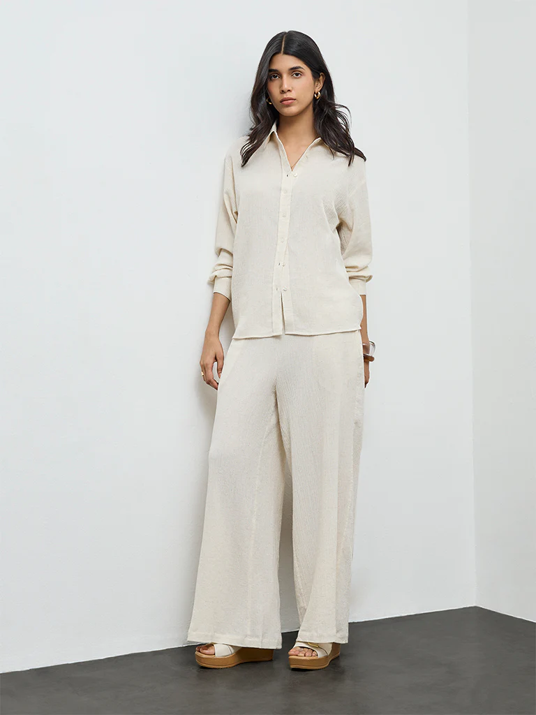 LOV Off-White Crinkle Textured High-Rise Trousers