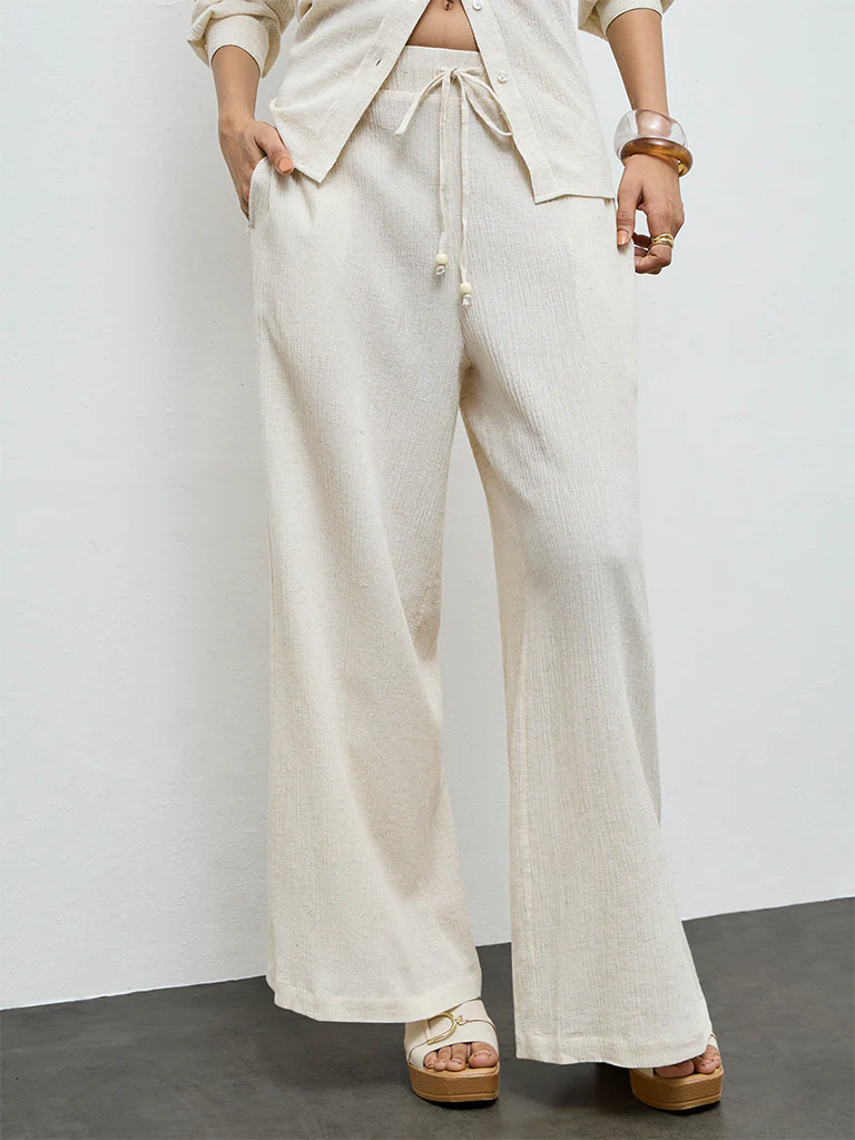 LOV Off-White Crinkle Textured High-Rise Trousers - Image 2