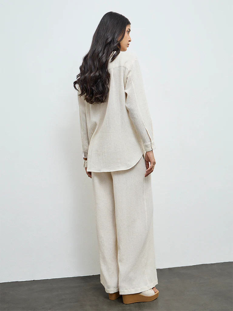 LOV Off-White Crinkle Textured High-Rise Trousers - Image 4