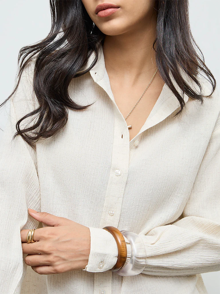 LOV Off-White Crinkle-Textured Shirt - Image 3