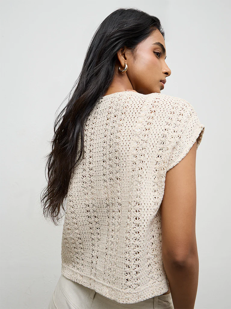 LOV Off-White Crochet-Knit Cotton-Blend Top - Image 4