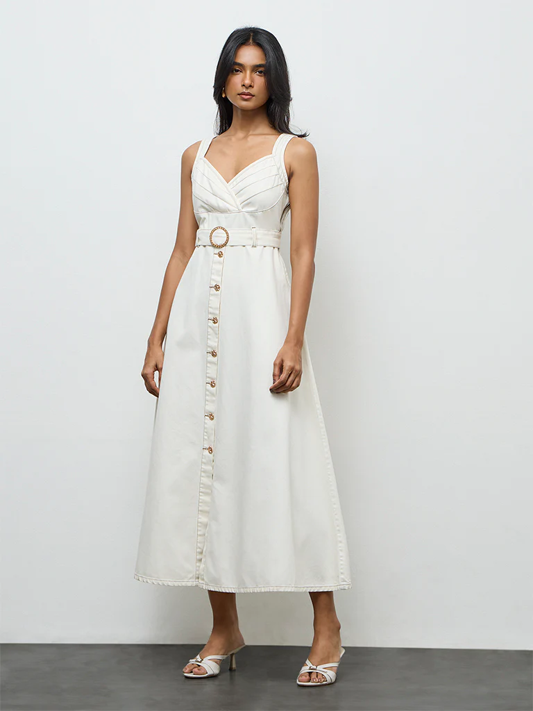 LOV Off-White Denim A-Line Dress with Belt - Image 2