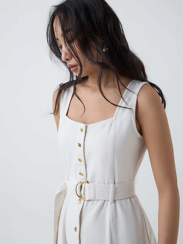 LOV Off-White Denim Shirt Dress with Belt - Image 3