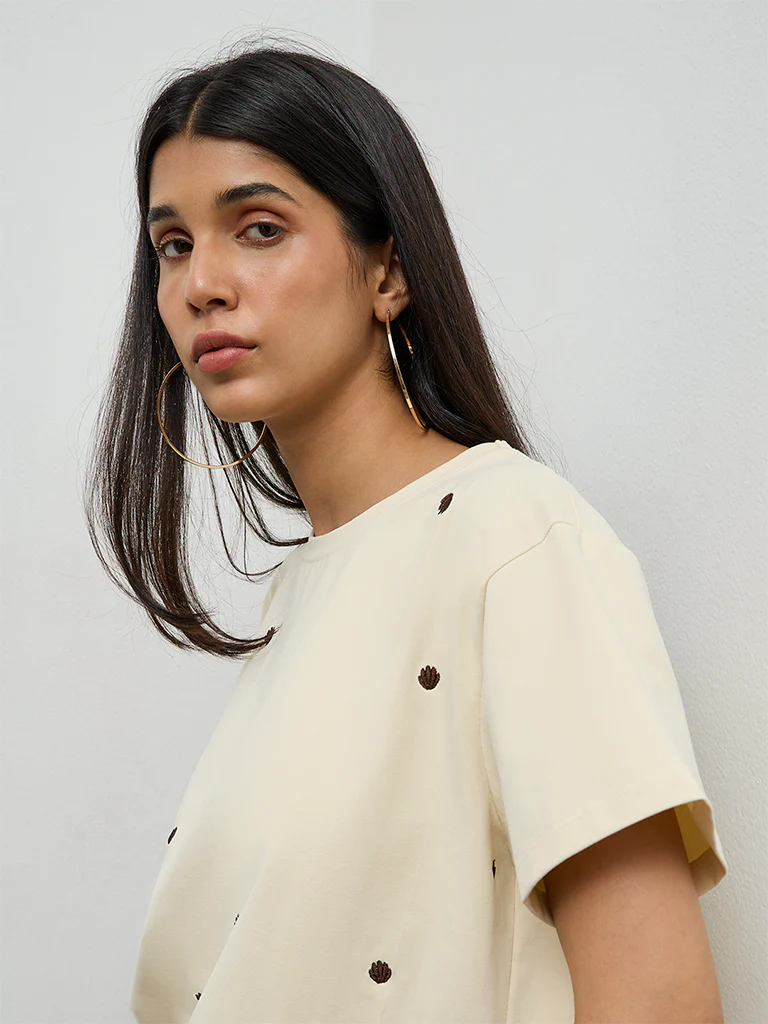 LOV Off-White Embroidered Cotton-Blend T-Shirt - Image 3