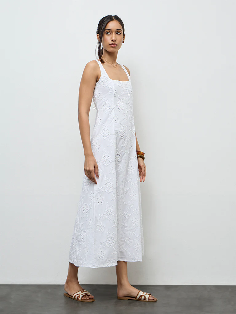 LOV Off-White Floral Embroidered A-Line Cotton Dress - Image 2