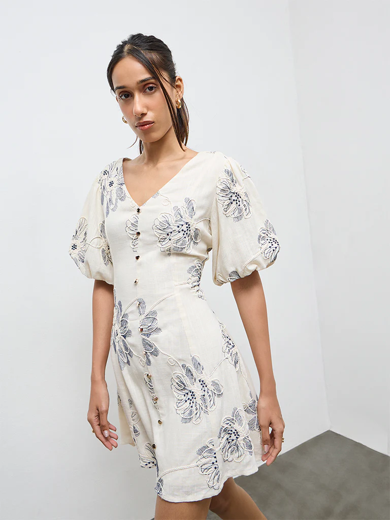 LOV Off-White Floral Embroidered A-Line Dress - Image 2