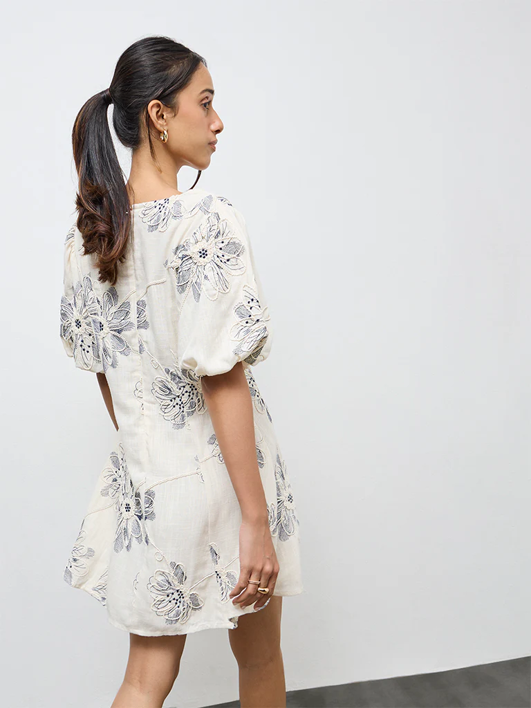LOV Off-White Floral Embroidered A-Line Dress - Image 4