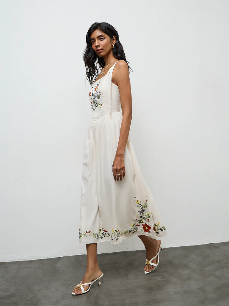 LOV Off-White Floral Embroidered A-Line Dress