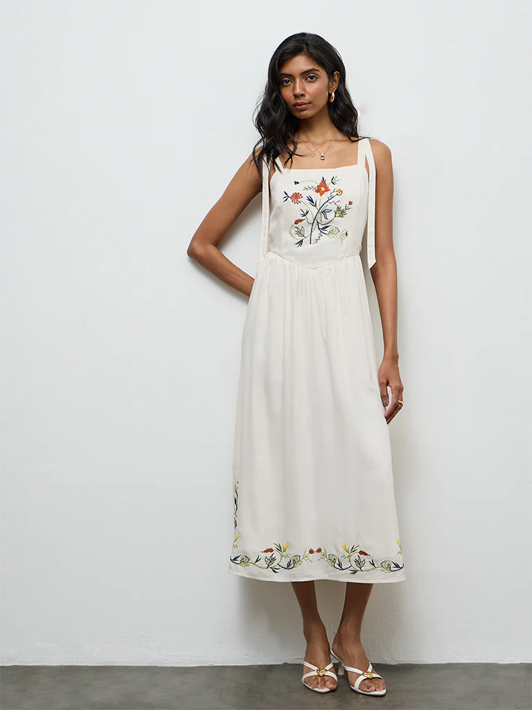 LOV Off-White Floral Embroidered A-Line Dress - Image 2
