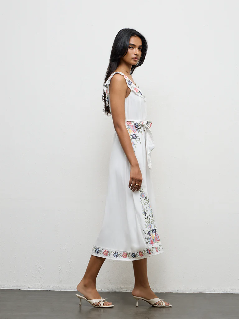 LOV Off-White Floral Embroidered Cotton A-Line Dress - Image 2