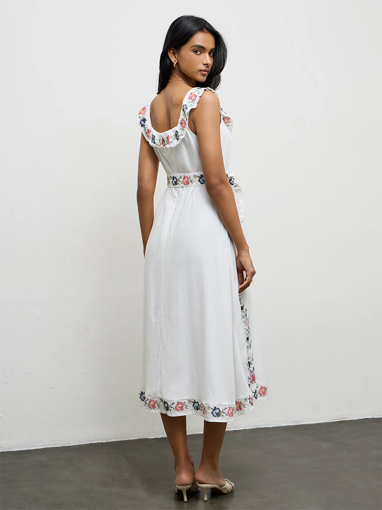 LOV Off-White Floral Embroidered Cotton A-Line Dress - Image 4