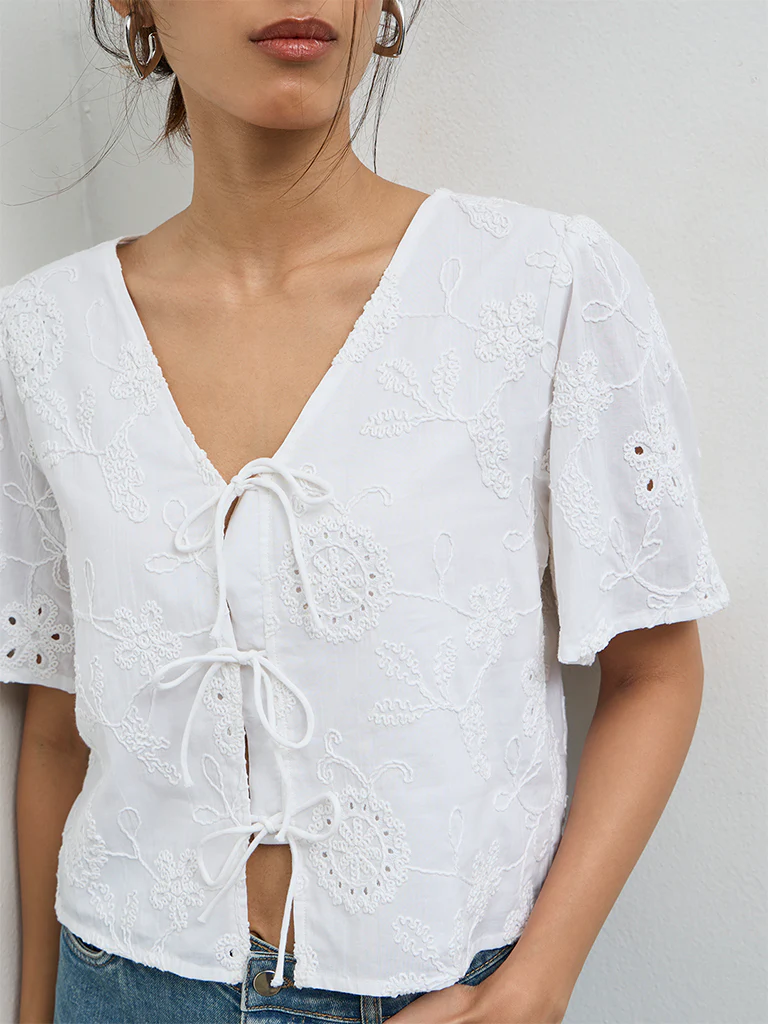 LOV Off-White Floral Embroidered Cotton Blouse - Image 3