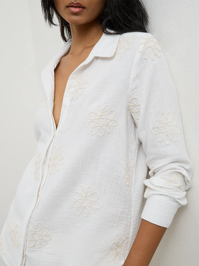 LOV Off-White Floral Embroidered Cotton Shirt - Image 3