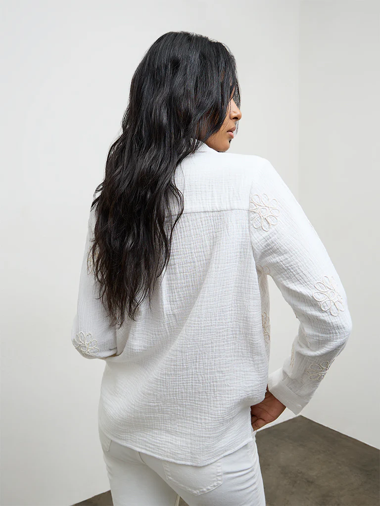 LOV Off-White Floral Embroidered Cotton Shirt - Image 4