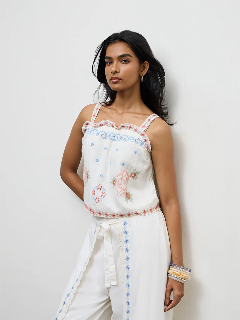 LOV Off-White Floral Embroidered Top