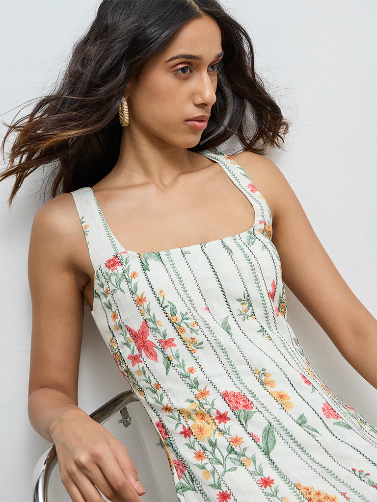 LOV Off-White Floral Pattern A-Line Dress - Image 3