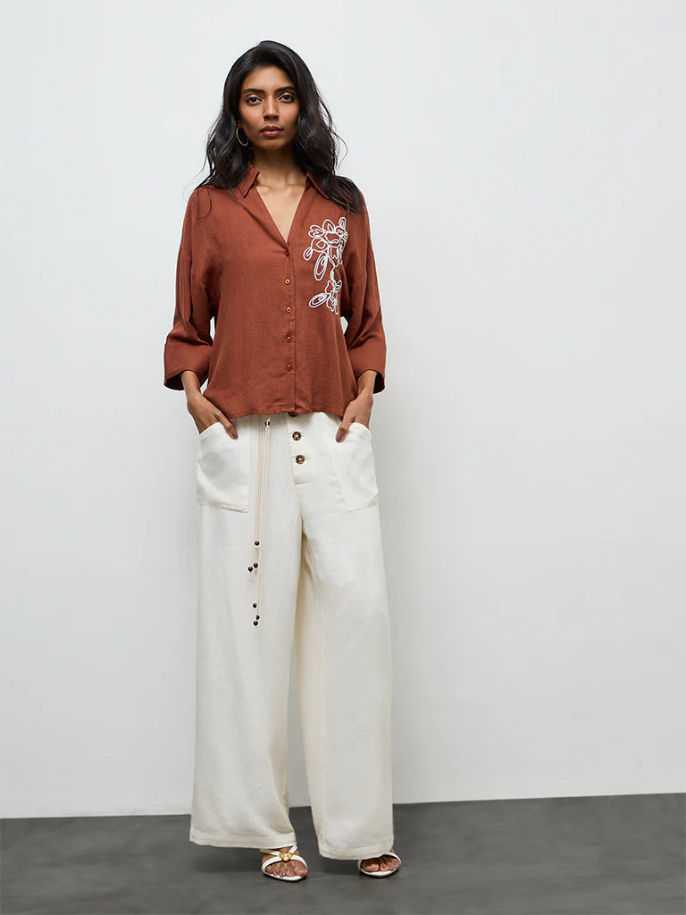 LOV Off-White High-Rise Linen Trousers with Belt