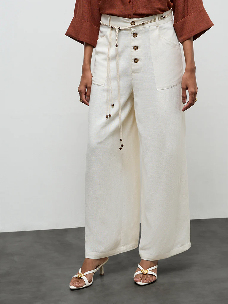 LOV Off-White High-Rise Linen Trousers with Belt - Image 2