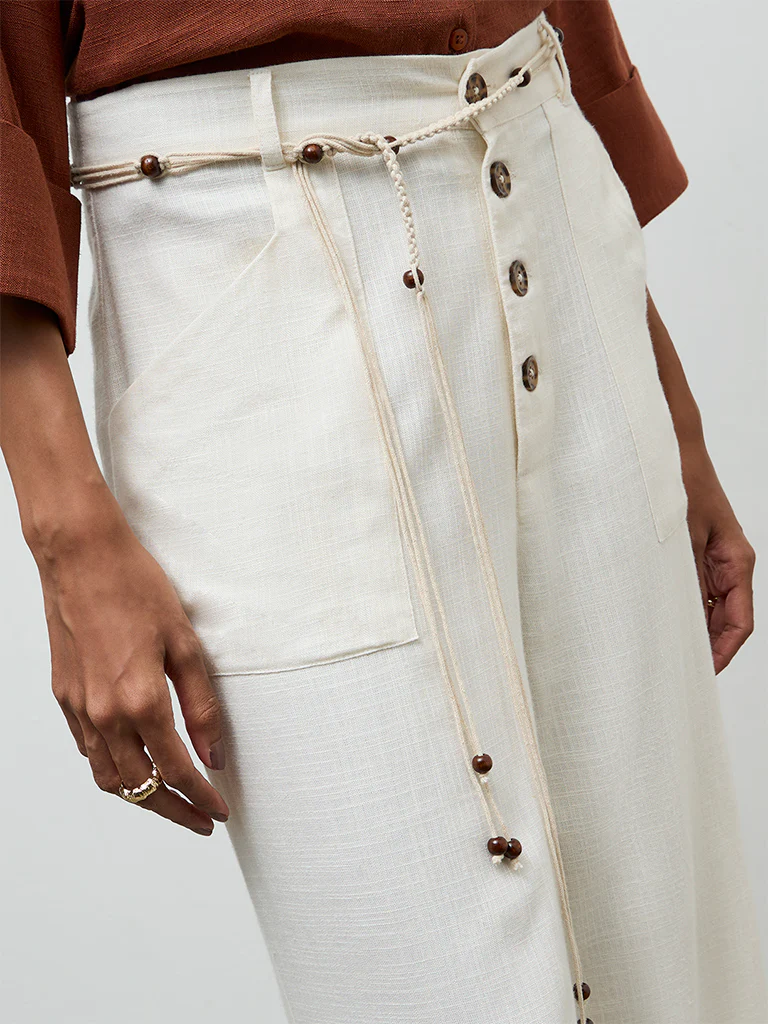 LOV Off-White High-Rise Linen Trousers with Belt - Image 3