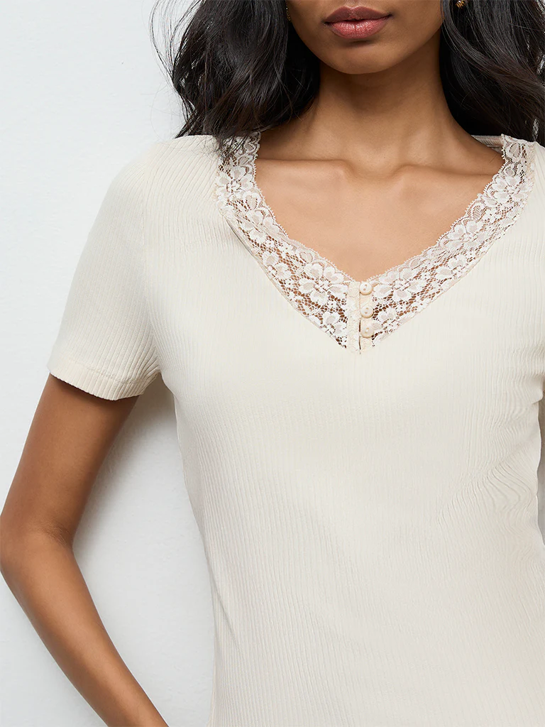 LOV Off-White Lace-Detailed Cotton-Blend Top - Image 3