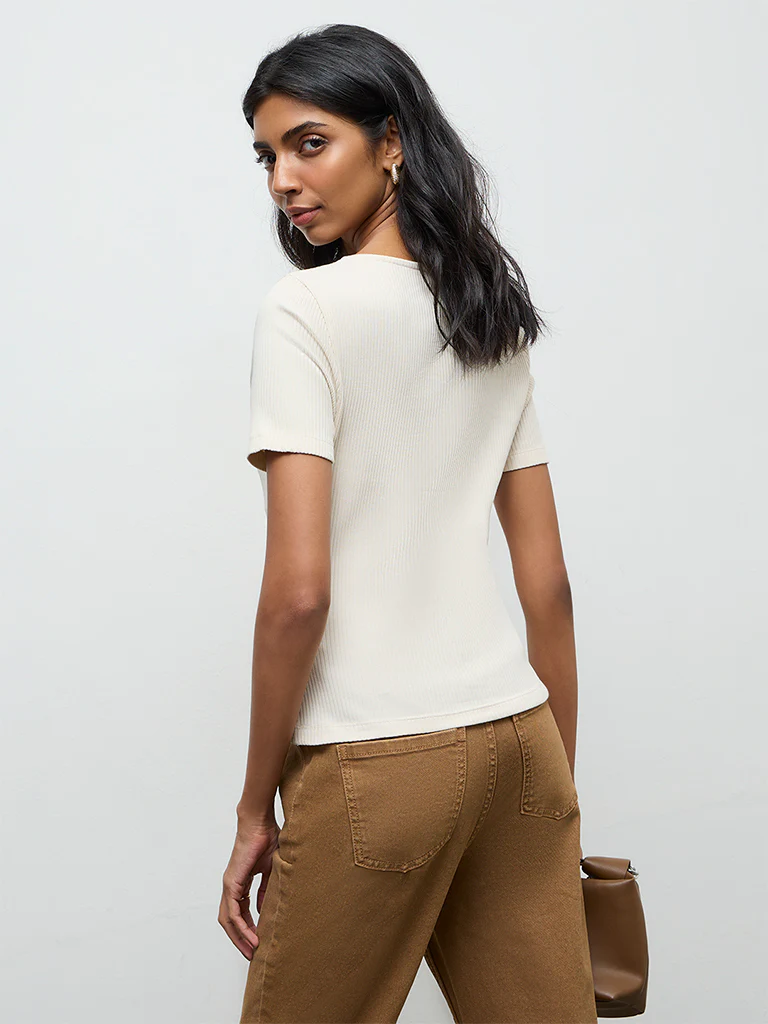 LOV Off-White Lace-Detailed Cotton-Blend Top - Image 4