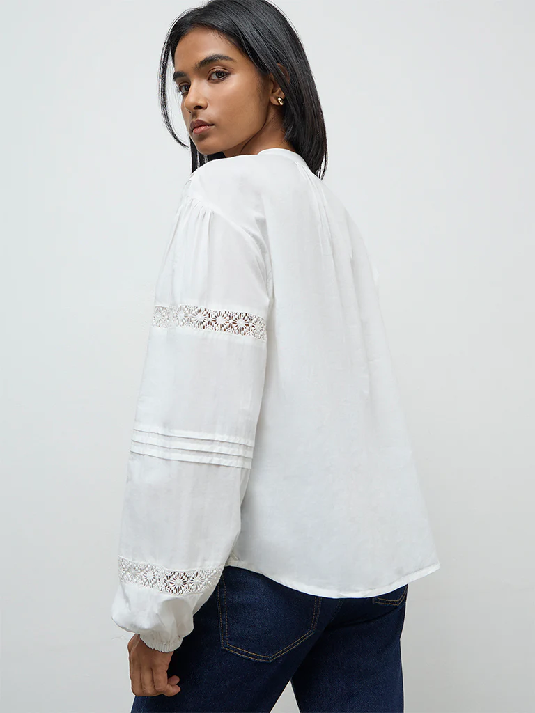 LOV Off-White Lace-Embroidered Cotton Blouse - Image 4
